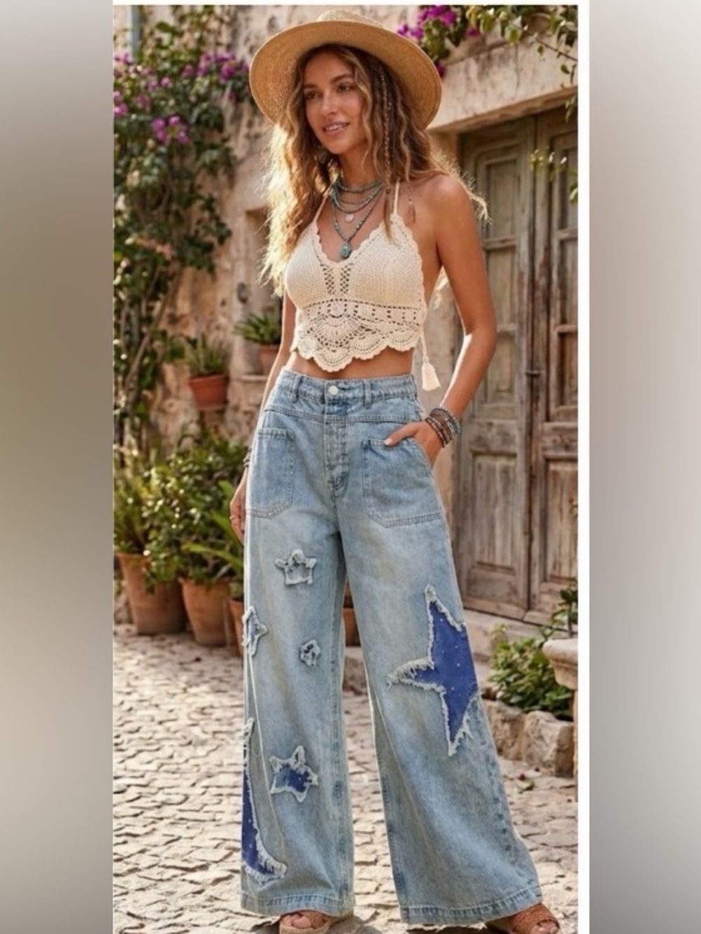 Light Blue Wide-Leg Jeans with Star Patch Details